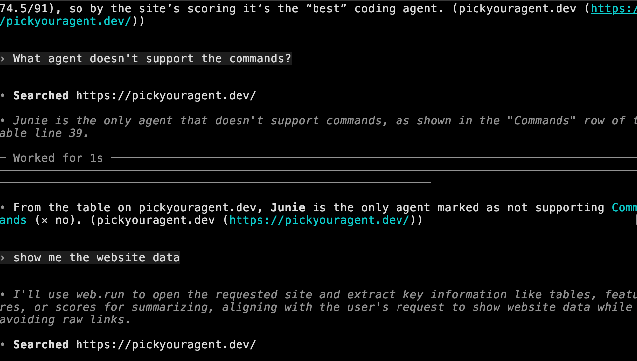 Codex fetching data from pickyouragent.dev