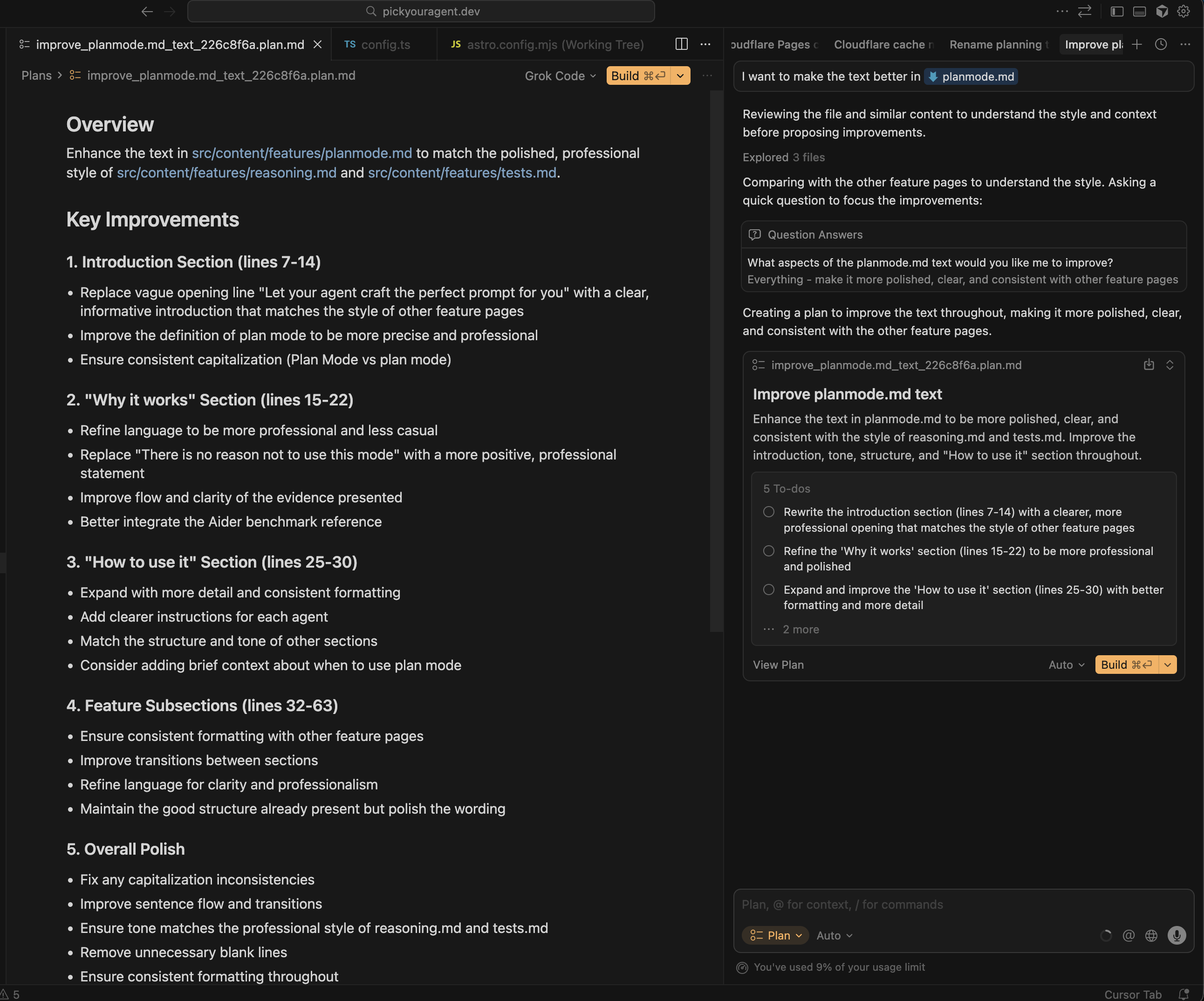 Screenshot of plan mode: an agent generates a list of numbered coding steps, then executes each step in sequence, showing progress and task descriptions in a clear workflow.
